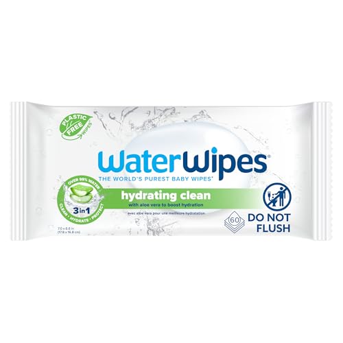 WaterWipes Hydrating Clean Baby Wipes, 99% Water-Based Formula with Aloe Vera to Hydrate & Clean Skin, Unscented & Hypoallergenic, 60 Count (1 Pack)