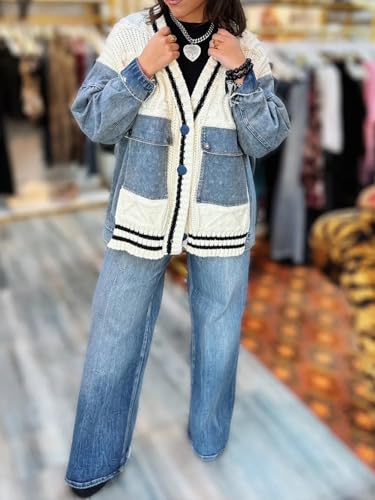 Molisry Women's 2025 Cardigan Sweater Long Sleeve Patchwork Denim Pockets Open Front Jean Jacket Spring3