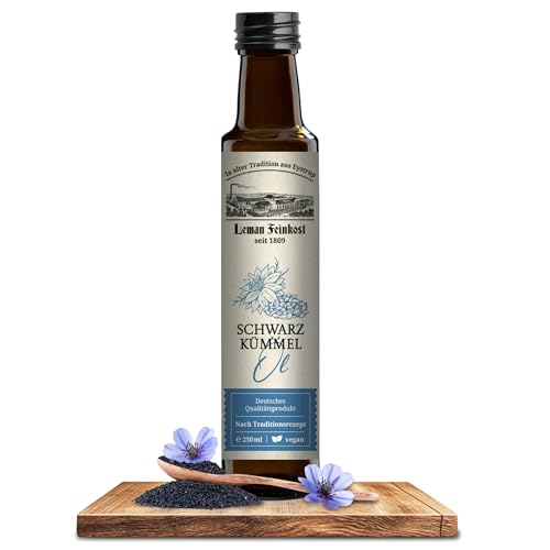 Leman Feinkost Schwarzkümmelöl 250ml – Mühlenfrisch kaltgepresstes Black Seed Oil aus Nigella Sativa – Gefiltert, hoher Thymochinongehalt & Omega 3-6-9 – Qualität seit 1809 vom Hersteller