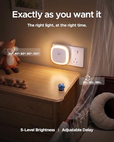 Image of YELKO Motion Sensor Night Light, 5-Level Dimmable with Dusk to Dawn Sensor, Plug in Warm White Anti-Glare LED, Cozy Soft Glow, Adjustable Delay Time for Bathroom, Hallway, Kitchen, Stairs, 2 Pack