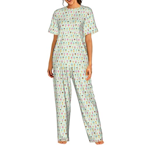 Pyjama léger manches courtes femme respirant et anti-chaleur à imprimé glaces