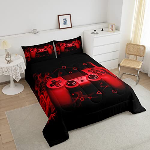 Red Gaming Duvet Single Size Gamer Comforter Teens Boys Video Game Decor Bedding Set Kids 2 Piece Console Game Controller Quilted Duvet Set Soft Black