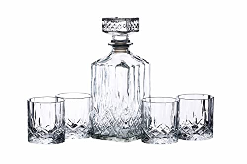 BarCraft Decanter per Whisky 900ml e set da Regalo, in Vetro Tagliato, 5 Pezzi, con Tappo in Silicone e 4x Bicchieri, 26 x 10 x 24cm