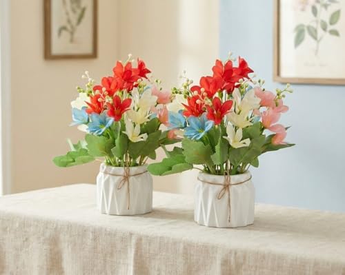Image of Dekorly Artificial Lavender Plant in White Pot, 18cm - Realistic Faux Flower Arrangement for Home & Office Decor (Set of 1) (2, Mini Lily)