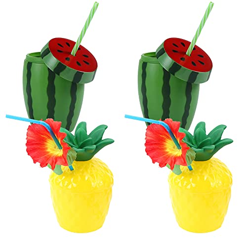 4 Pieza Taza De Coctel, Vasos Plastico, Vasos de Piña, Taza de Sandia, para Agua de Coco, Bebida de Mezcla de Frutas, Fiesta en la Playa Verano con Jugo, Fiesta Hawaiana Tropical, 2 Modelos Cover
