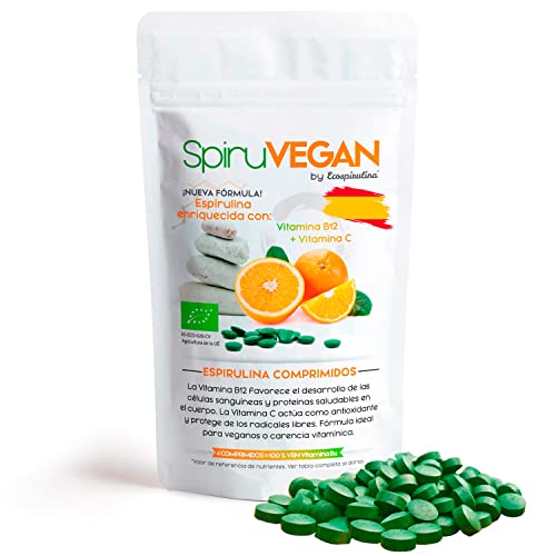 Espirulina Ecológica Cultivada y Certificada en España - 200 Comprimidos - Enriquecida con Vitamina B12 y Vitamina C - Fuente Natural Proteína vegana, Hierro - Detox