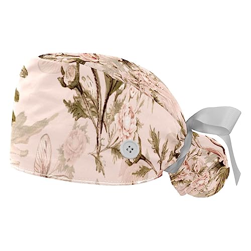 suojapuku 2er-Pack Arbeitshüte, Schrubbmütze,Vintage rosa Rosenpflanze,Bouffant Cap für die Hausarbeit