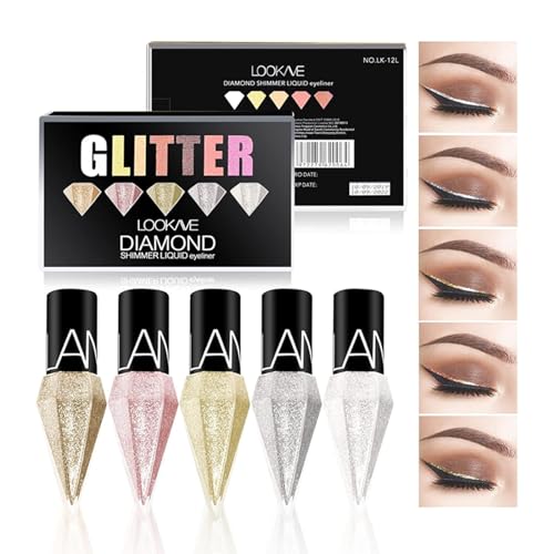 Glitter Liquid Eyeliner Colorful Set 5 Colors Metallic Shimmer White Silver Gold Rose Eyeliner Waterproof Long Lasting Sparkle Glitter Liquid Eyeshadow Dazzling Mothers Day Eye Makeup for Women