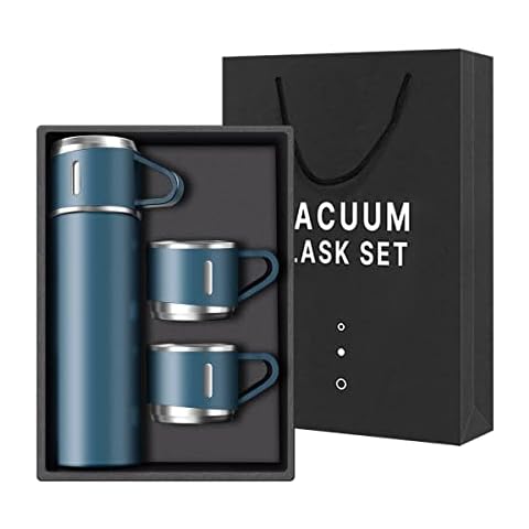 Coffee Thermos Stainless Steel Vacuum-Insulated Water Bottle, 500ml/16.9oz Insulated Bottle with Cup for Hot & Cold Drink Travel Mug (Blue, Three Cup) Cover