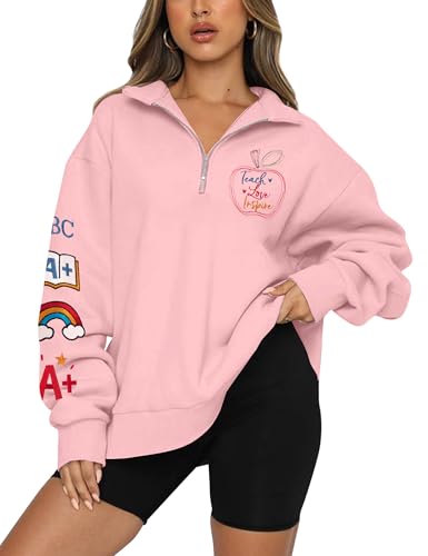 LOTUCY Teacher Sweatshirts for Women Teacher Life Apple Pencil Embroidered Teacher Appreciation Quarter Zip Sweater