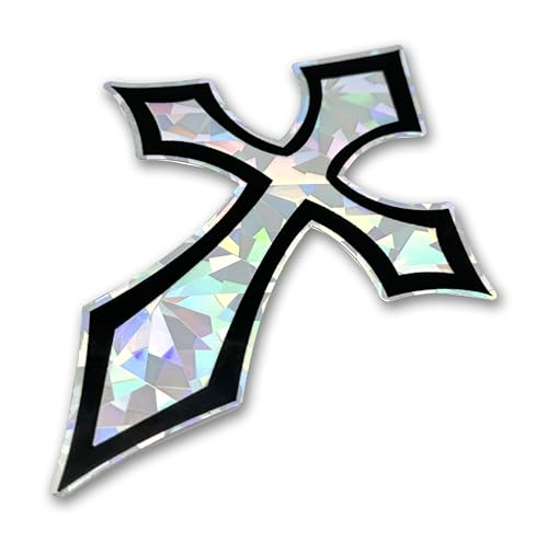 Image of Elektroplate Christian Cross (Pointed Gothic) Metallic Reflective Decal (4 inch x 2.9 inch) | Premium Auto-Grade All Weather Sticker for Car, Water Bottle, Laptop, Cooler, Phone | Made in the USA