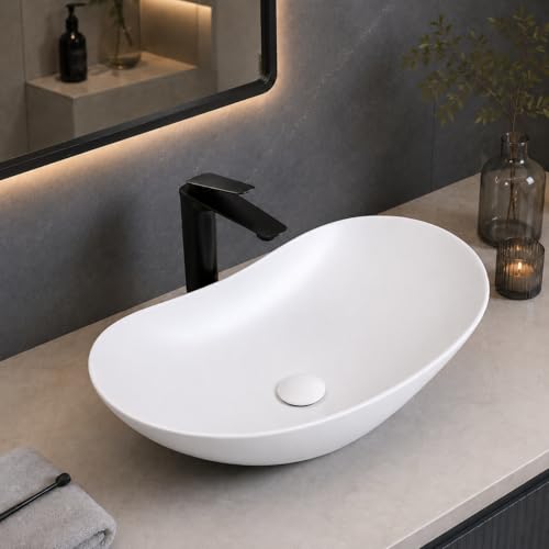Image of QUALITO Boat Shape Table Top Wash Basin for Bathroom, Living Room, Hall, Dinning Room | Countertop /Over Counter Ceramic Vessel Sink /Basin | Marble Ceramic Wash Basin (White, 24x14x5.5 Inch)