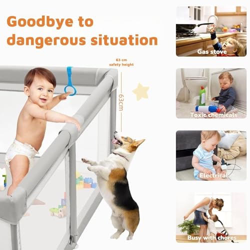 Image of Playpen 150 x 180 cm for Toddlers & Kids up to 5 Years with Pit Balls and 2 Anti-Fall Grasp Rings, Playard with Safety Lock & Suction Cup (No Mat, Non-Foldable) -Grey