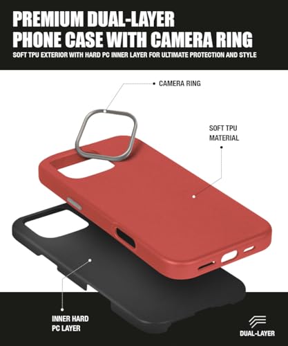 Image of WOW IMAGINE Back Cover for iPhone 13 | iPhone 14 | Shockproof Tough Leather Texture Hard Mobile Case | Ultra Slim Non-Slip Grip | Inner Velvet Fabric | Metal Camera Ring - Crimson Red