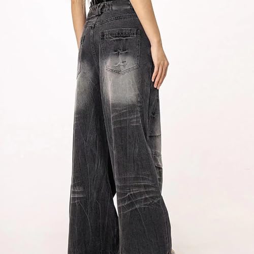 jupkem Men Y2k Low Rise Wide-Leg Jeans Baggy Casual Retro Distressed Black Pants Hip-hop Street Style Harajuku Clothing4