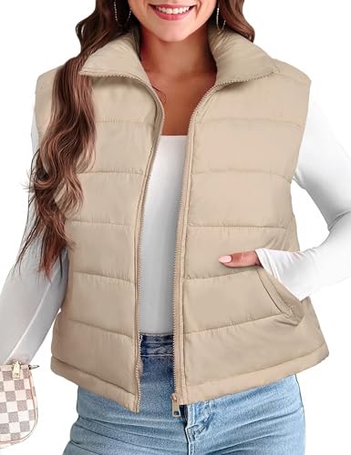 Nitzana Women's Puffer Vest Detachable Hooded Stand Collar Puffy Quilted Vests Outerwear With Pockets Fall Winter Vest for Women Trendy 2025 Zip Up Sleeveless Ladies Padded Gilet Outfits Khaki M
