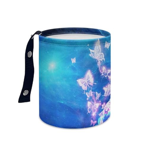 Image of Blue Glowing Butterfly Car Trash Can, Cute Car Trash Bag, Vehicle Trash Can, Multipurpose Trash Bag Hanging, Portable, Collapsible, Waterproof Storage Bag for Cars