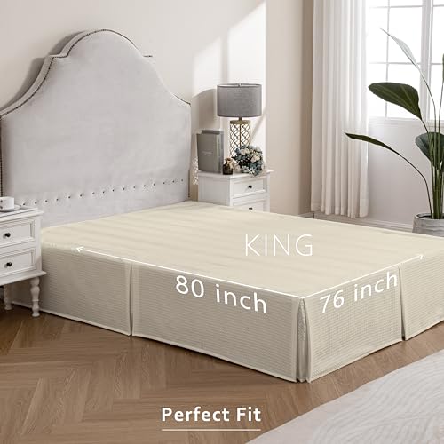 Image of MIYE Pleated Waffle Weave Bed Skirt, Tailored Dust Ruffle 14 Inch Drop Easy Fit, Machine Washable,No Split Corners (Light Beige, King - 14 inch Drop)