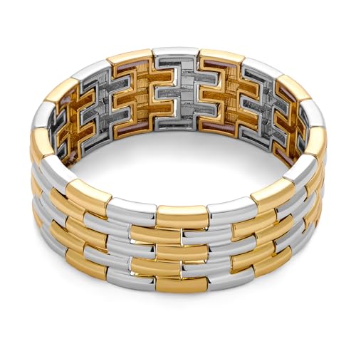 ENSKEFEN Two Tone Bangle Bracelets for Women Gold Silver Stretchable Elastic Bracelet Mixed Metal Chunky Watch Strap Chain Bracelet