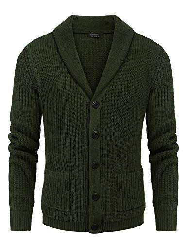 Coofandy Mens Cable Knit Cardigan Sweater Casual Slim Fit V-Neck Button Up Shawl Collar Knitted Sweaters With Pockets Army Green #TOP2