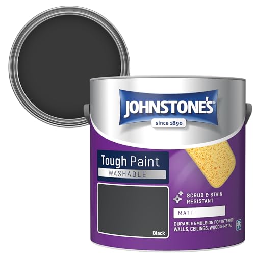 Johnstones - Washable Paint - Black - Matt Finish - Emulsion Paint - Highly Durable - Stain Resistant - Non Toxic & Low Odour - 12m2 Coverage per Litre - 2.5L