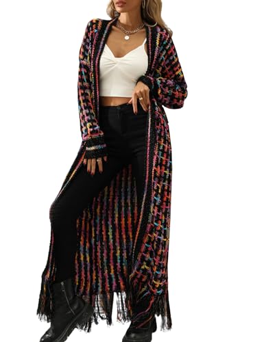 Womens Boho Cardigan Sweater Maxi Long Colorful Fringed Tassels Knitted Cardigan Jacket Outwear