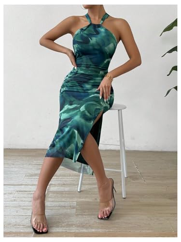Image of GORGLITTER Women's Floral Print Halter Midi Dress Summer Mesh Sleeveless Going Out Birthday Vacation Beach Sundresses