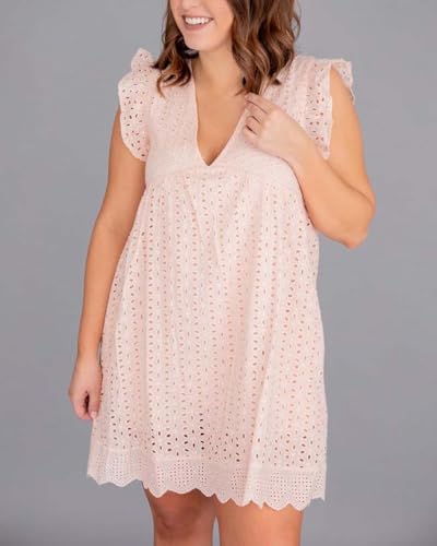 Image of Women's Summer Dress with Built in Shorts Sexy Summer V Neck Ruffle Sleeve Lace California Romper Dresses for Women