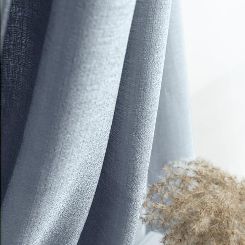 Image of Melodieux Dusty Blue Semi Sheer Curtains 84 Inches Long for Living Room, Bedroom Linen Look Farmhouse Rod Pocket Shiny Sheer Curtain Drapes Light Filtering Home Office, 52 inch W x 84 inch L, 2 Panels