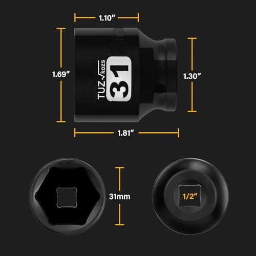 Image of 1 /2 Inch Drive 31mm Shalllow Metric 6 Point CR-MO Impact Socket | Radius Corner Design,Square Chamfered Opening,Axle Nut Impact Grade Socket for Easy Removal