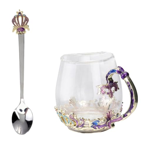 Homoyoyo ?琅彩茶杯 スプーン付き 耐熱ガラス製 飲みやすいデザイン 家用来客用ティーホルダー付き水杯