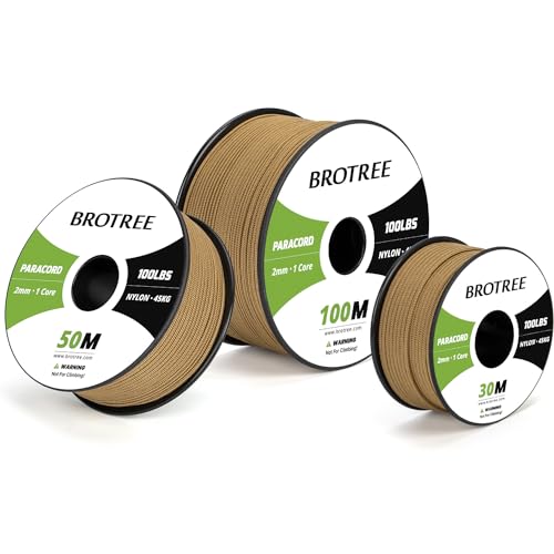 Brotree Paracord 2mm 100M 100% Nylon Rope 1 Strand Parachute Cord for Outdoor Craft, DIY - 45kg Breaking Load (Coyote Brown)