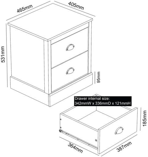 Diagramma che mostra le dimensioni complessive del comodino a 2 cassetti Galano Britley e le dimensioni interne dei cassetti.