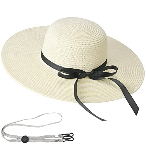 Exemaba Chapeau de paille pliable pour femme - Grand bord large - Nœud papillon - Chapeau de plage Floppy, Blanc laiteux., taille unique Cover