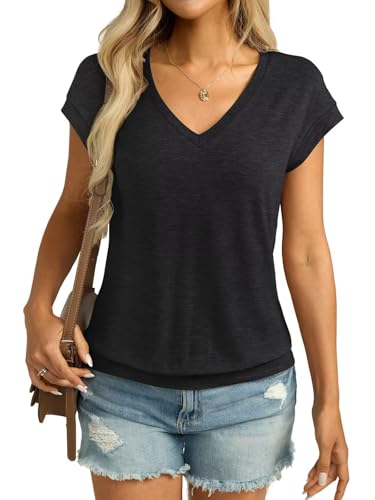 Womens V Neck Cap Sleeve T Shirts Banded Bottom Top Loose Fit Short Sleeves Tee Casual Summer Basic Tops 2025