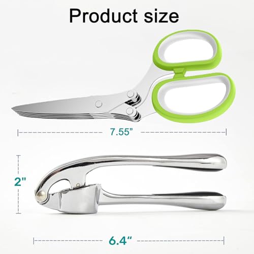 Garlic Press and Herb Scissors Set, 6 Pieces with Garlic mincer and Multipurpose Scissors, Rustproof Tools for Kitchen Use. (Silver+Green)