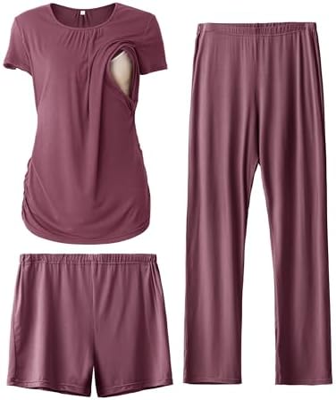 SUNNYBUY Damen Umstandsmode Stillpyjama-Set, 3-teiliges Schlafanzug Set | Kurzarm-Stillshirts, Schwangerschafts-Shorts & Hosen für jede Jahreszeit, Lounge Set Für Tag & Nacht