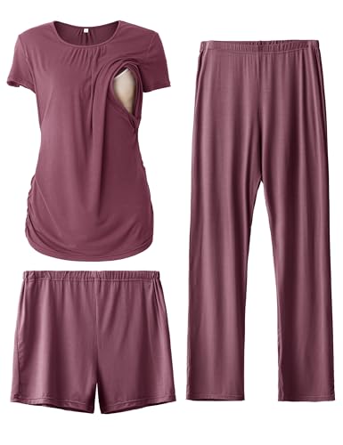 SUNNYBUY Conjunto de Pijama de Maternidad para Mujer, Camisa de Lactancia de Manga Corta, Pantalones Cortos y Pantalones de Embarazo, Ropa de Dormir de 3 Piezas, Granate, M