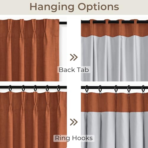Pinch Pleated Blackout Curtains 86 Inch Long, Linen Blend, 100% Blackout Drapes with 20 Hooks, Ideal for Bedroom and Living Room, 40" W x 86" L (Pack of 2), Orange