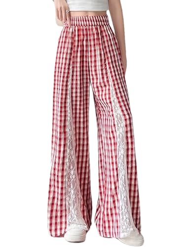 Womens Plaid Wide Leg Pants Lace Patchwork Gingham Pants High Waist Palazzo Lounge Trousers with Pockets