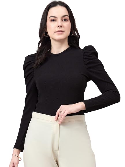 Women Black Texture Polyester Slim Fit Smart Casual Puff Full Sleeve Top-image-10