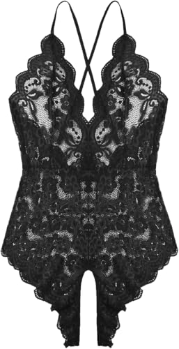 Lahaima Women One Piece Lingerie Sexy Teddy V Neck Bodysuit Lace Nightie (Black XX-Large)