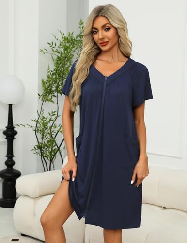 Image of Ekouaer Women Robe Zipper Front Mumu Duster Robes Zip Up Housecoat Soft Sleepwear with Pockets