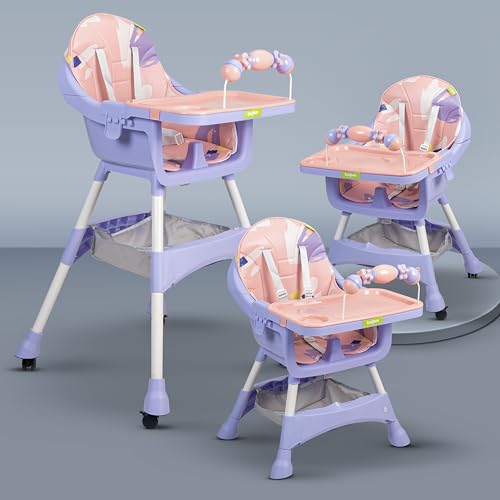 Image of Baybee 3 in 1 Auro Baby High Chair for Kids | Feeding Chair with 3 Height Adjustable & Basket, Booster Seat with Food Tray, Toy Bar & Safety Belt | High Chair for Baby 6 Months to 4 Years Boys Girls (Pink)