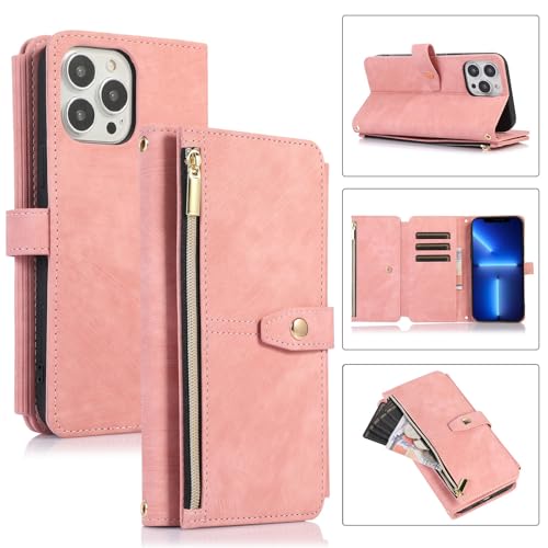 Étui iPhone 15 rose anti chute avec fermeture éclair et sangle - 2