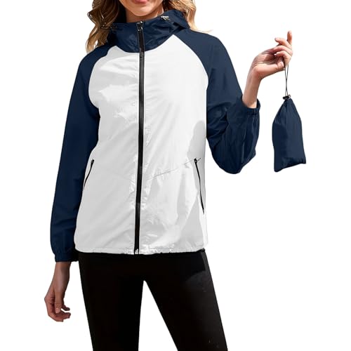 HAOLEI Chubasquero Mujer Plegable,Chaqueta Cortavientos Impermeable con Capucha y Cremallera Completo Casual Ligera Cazadora de Lluvia con Bolsillos Cómodo Transpirable Chaquetas Softshell con Bolsa