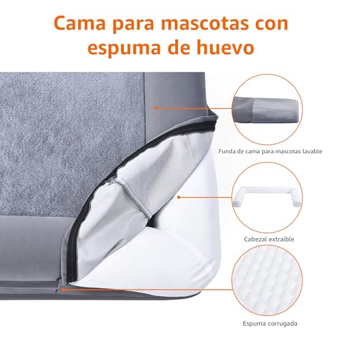 Imagen que muestra la funda lavable de la cama para mascotas y los detalles de la espuma de huevo