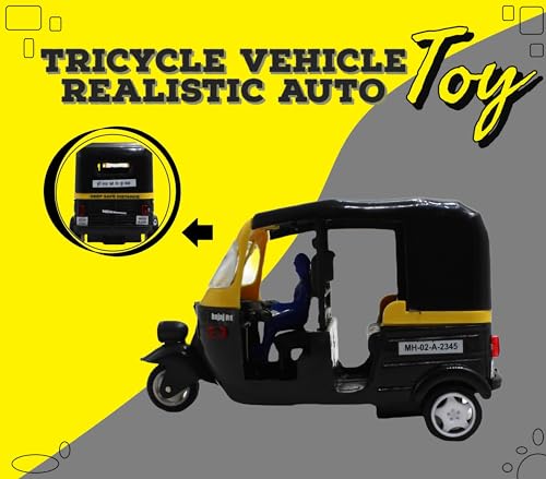 Image of NeoKiddo Toys Neoinsta Pull Back CNG Auto Rickshaw Toy for Kids | 3 Wheeler Autorickshaw Tricycle Vehicle With Driver (Black)