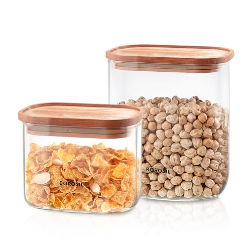 Image of Borosil 2pc Storage Jar Set with Bamboo Lid (600ml + 950ml) | Made in India Borosilicate Glass Dishwasher Safe Container for Kitchen | Multipurpose Kitchen Organizer for Cookie & Dals