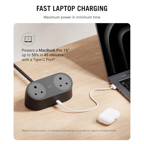 Image of DailyObjects Loft Charging Station - 2 Type-C Ports - 65W, 2 Type-D Ports - 2500W, 5ft Long Cable, Compatible with All Devices, Supports Laptop Charging for Office, Home Appliances, GaN5 - Black